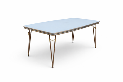 Mid Century Italian Blue Formica Dining Table & 4 Black Vinyl Chrome Chairs Set — view 7