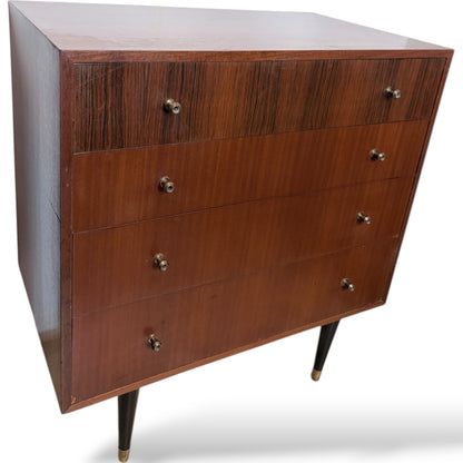 Mid Century Chest Drawers – Four Drawer Chest with Atomic Style Legs & Brass Tips