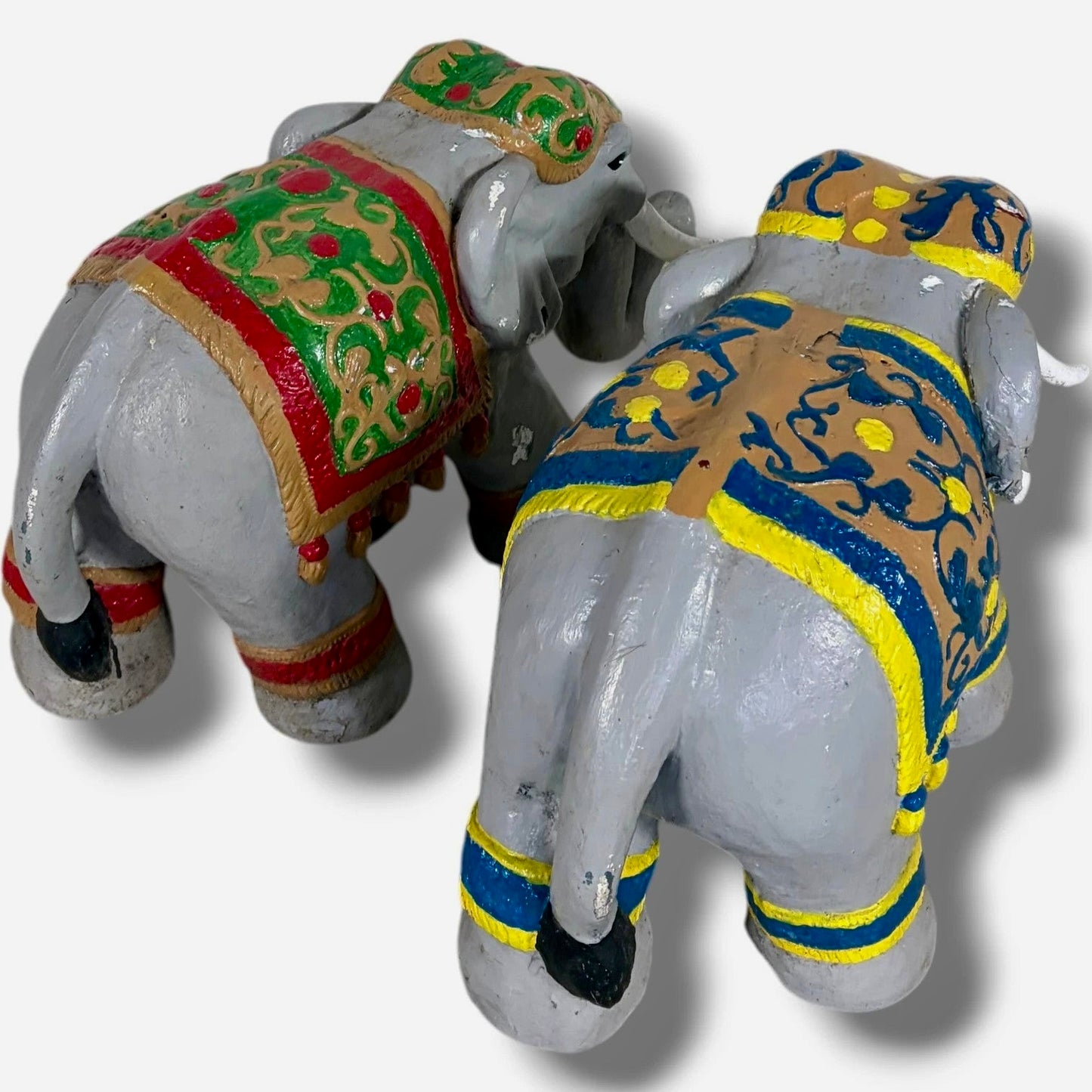 Pair of Hand Painted Indian Elephant Sculptures | Decorative Folk Art Figures