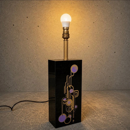 Vintage Lucite & Brass Table Lamp with Geometric Inlay – Art Deco Revival