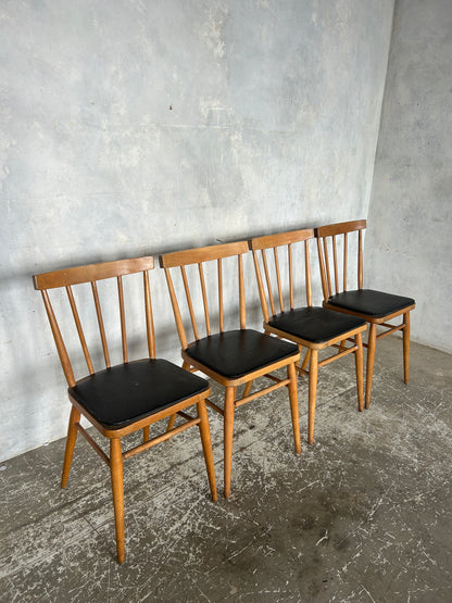 Set of 4 Vintage Stick Back Dining Chairs | Mid-Century Kitchen Chairs with Black Vinyl Seats