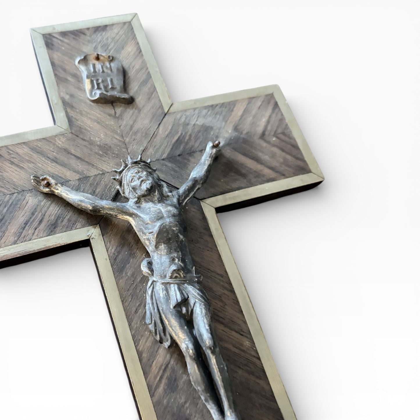 1970s Brass & Oak Crucifix | Vintage Religious Wall Cross