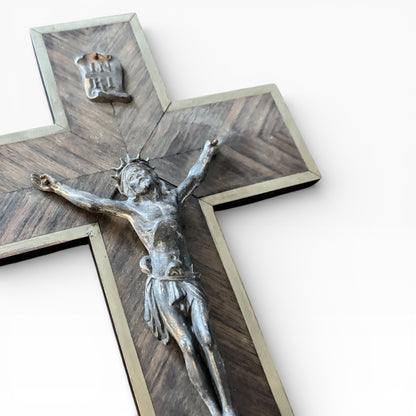 1970s Brass & Oak Crucifix | Vintage Religious Wall Cross