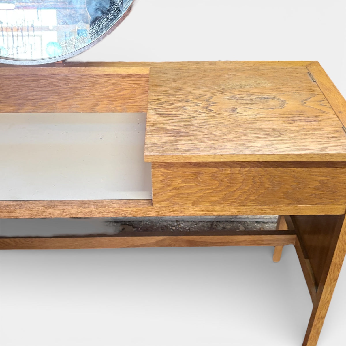 Vintage Dressing Table | Mid Century Furniture - Light Oak Vanity Desk With Hidden Storage