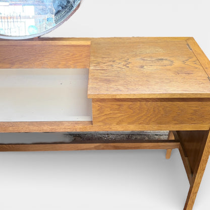 Vintage Dressing Table | Mid Century Furniture - Light Oak Vanity Desk With Hidden Storage
