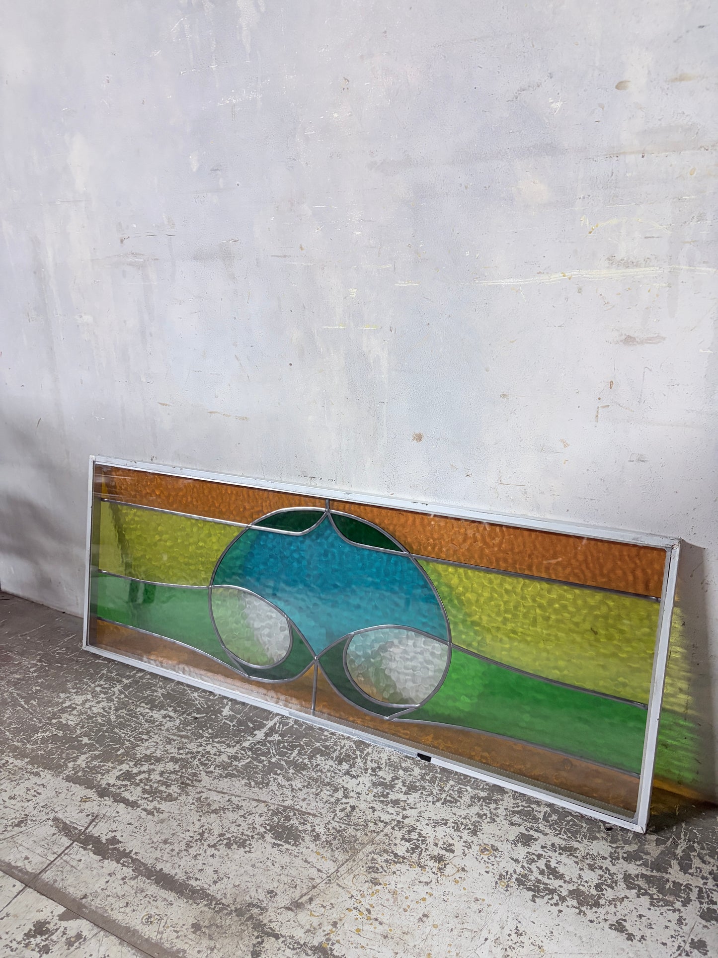 Vintage Stained Glass Window Panel – Mid Century Geometric Design