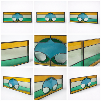 Vintage Stained Glass Window Panel – Geometric Leaded Glass in Green, Amber & Blue