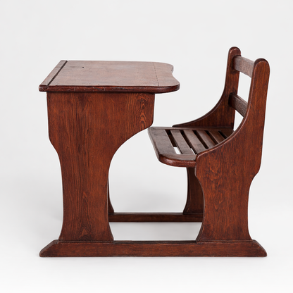 Antique Pine School Desk with Attached Bench