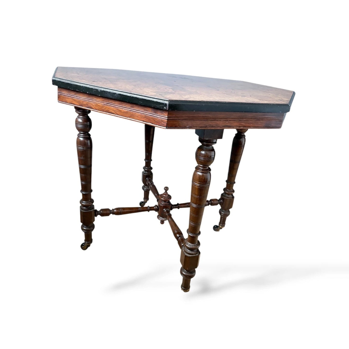 Antique Burr Walnut Table | Compact Octagonal Dining Table with Ebonised Edge & Mahogany Base