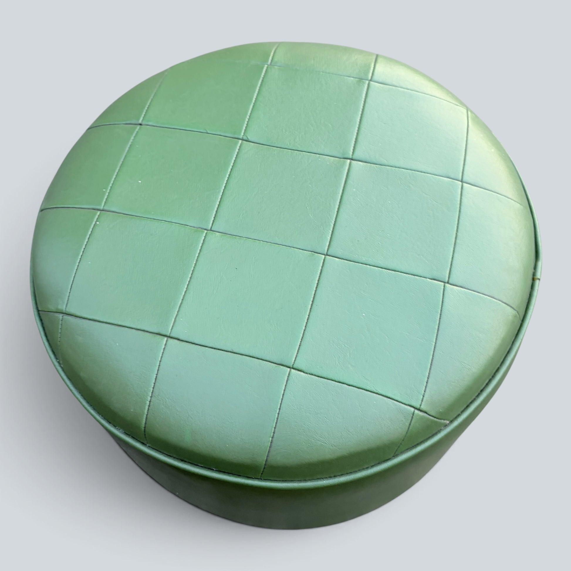 Vintage Mid Century Green Leatherette Pouffe | Round Footstool Ottoman
