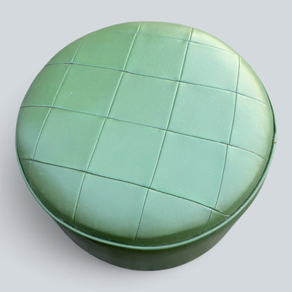 Vintage Mid Century Green Leatherette Pouffe | Round Footstool Ottoman