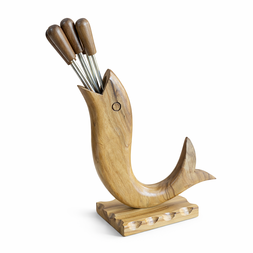 Mid-Century Olive Wood Fish-Form Knife & Pick Holder