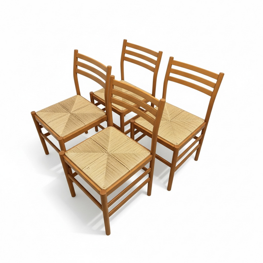 Italian Beech Dining Chairs – Set of Four Vintage Ladder Back Chairs with Woven Rush Seats