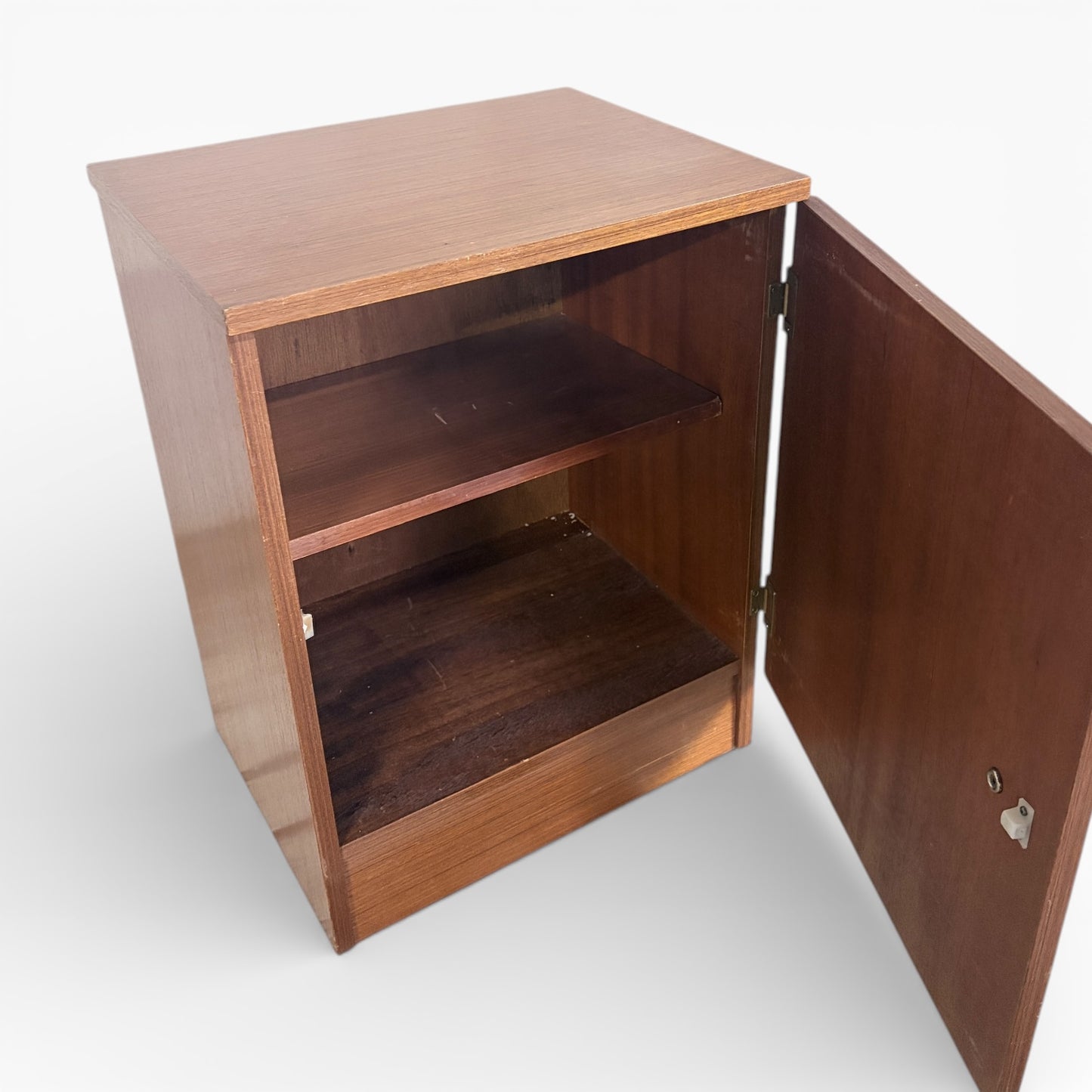 Vintage Teak Bedside Cabinet – Mid-Century Nightstand with Single Cupboard Shelf