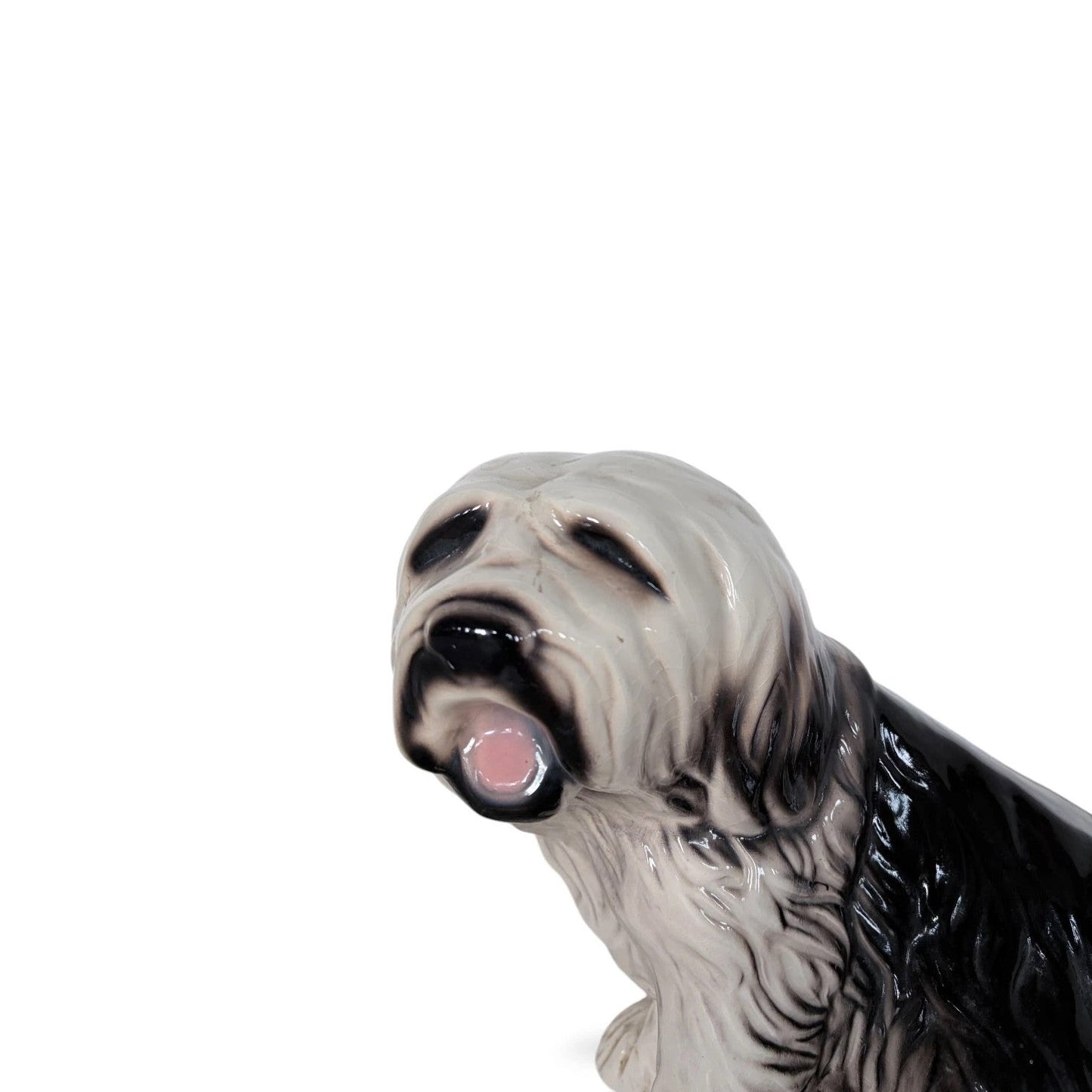 Large Vintage Old English Sheepdog Ceramic Statue – Mid-Century Black & White Glazed Dog Sculpture