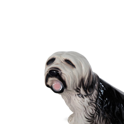 Large Vintage Old English Sheepdog Ceramic Statue – Mid-Century Black & White Glazed Dog Sculpture