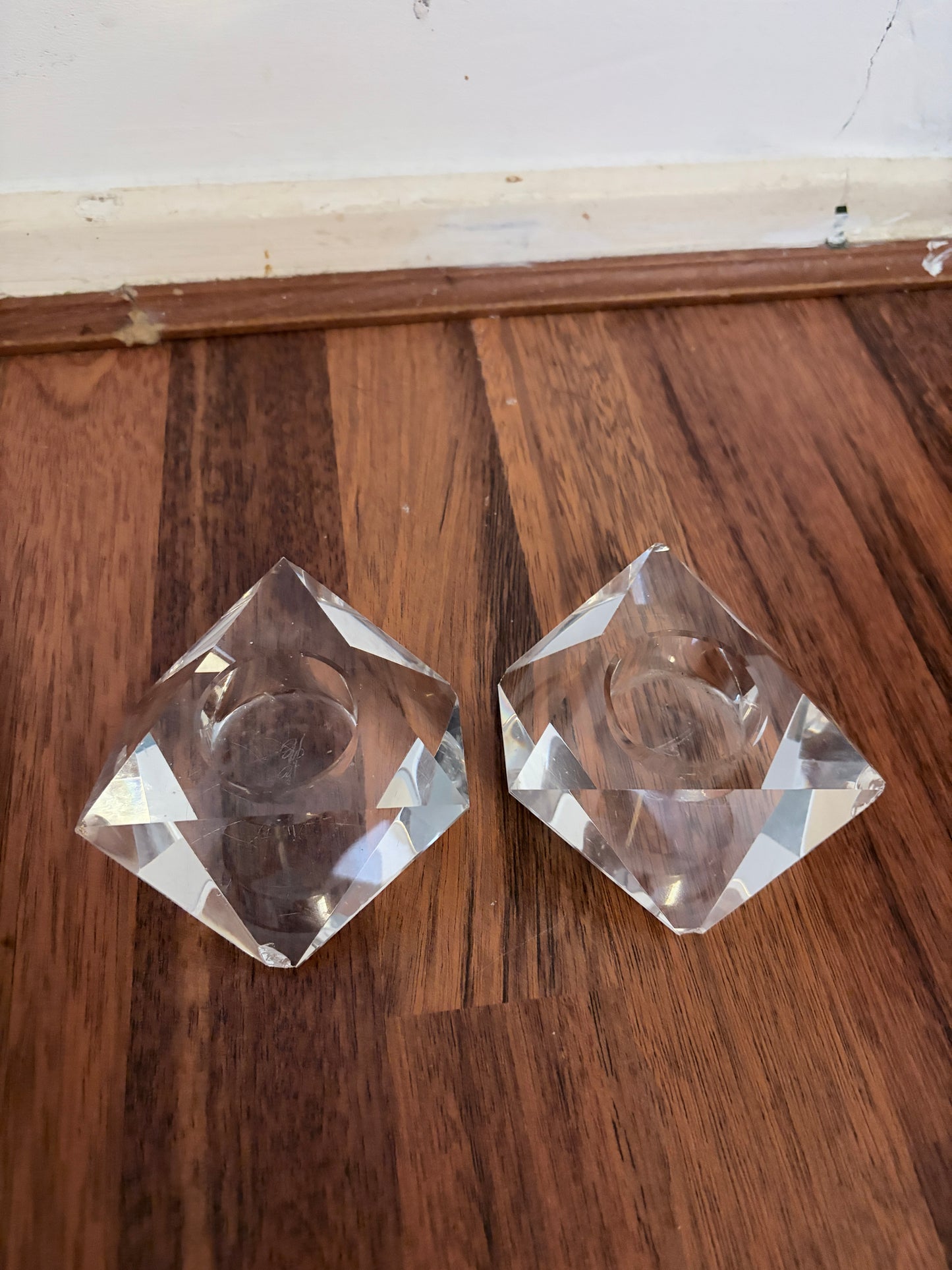Pair of Mid Century Lucite Faceted Candle Holders – Geometric Crystal