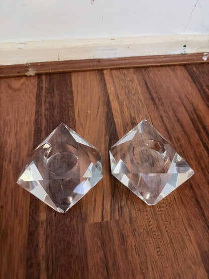Pair of Mid Century Lucite Faceted Candle Holders – Geometric Crystal