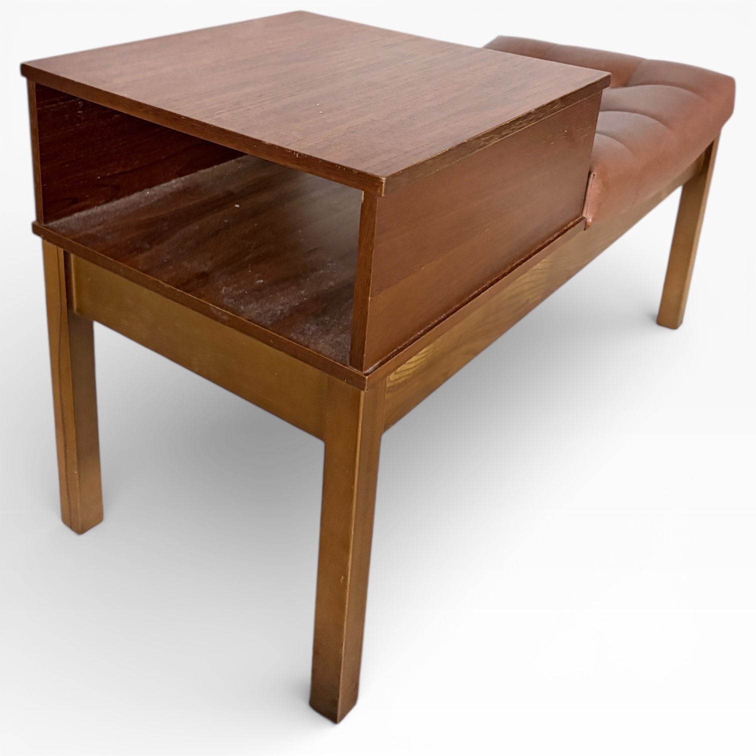 Mid Century Teak Bench - Vintage Hall Bench with Leather Upholstered Seat & Storage — view 4
