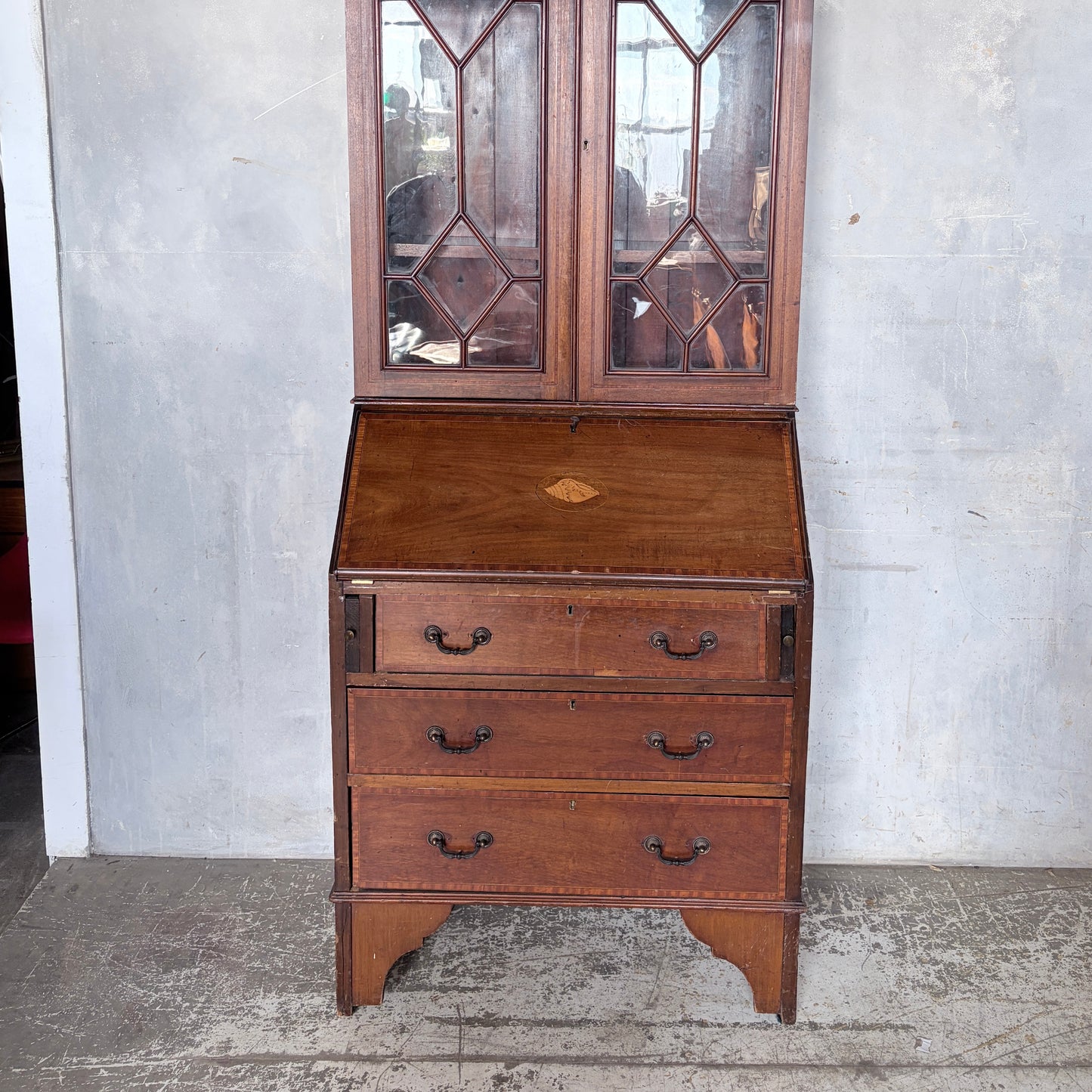 Antique Edwardian Mahogany Glazed Bureau Bookcase