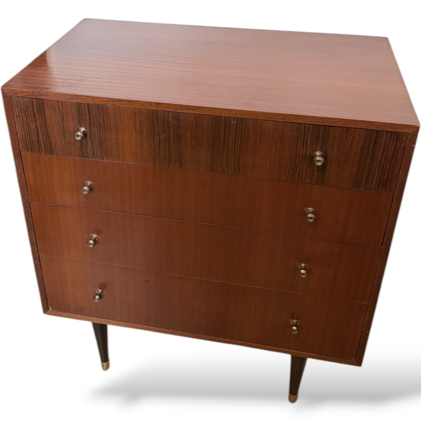 Mid Century Chest Drawers – Four Drawer Chest with Atomic Style Legs & Brass Tips