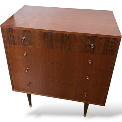 Mid Century Chest Drawers – Four Drawer Chest with Atomic Style Legs & Brass Tips
