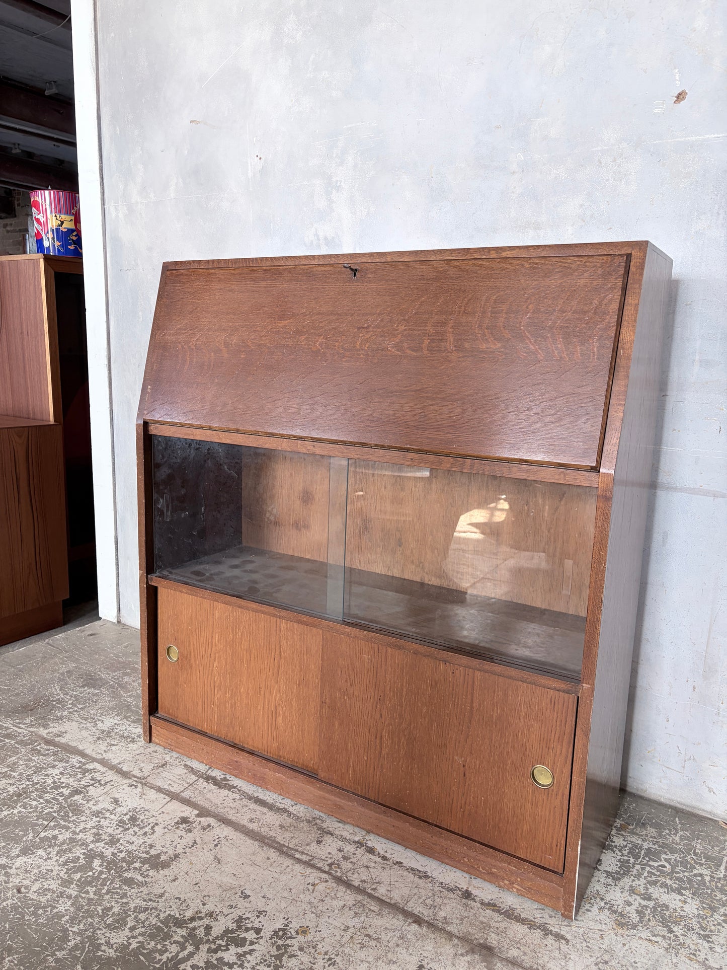 Vintage Mid Century Oak Bureau Cabinet with Sliding Doors