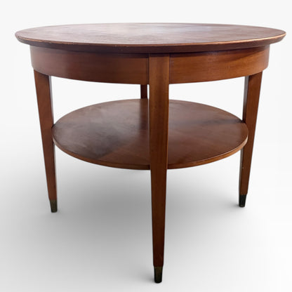 Mid Century Coffee Table - Round Two Tier Teak Table with Brass Capped Legs