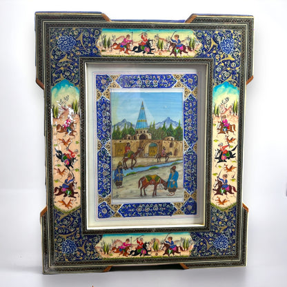 Vintage 1950s Persian Khatam Mosaic Watercolour Painting