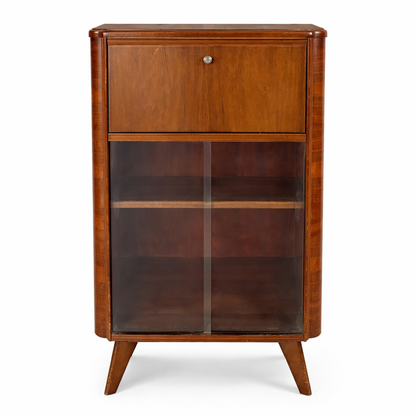 Art Deco Walnut Bureau Drinks Cabinet with Glazed Display