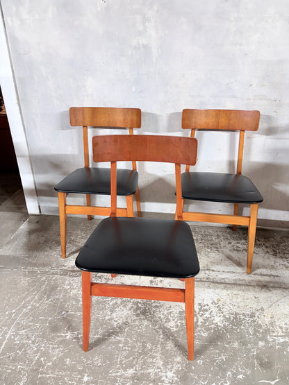 Mid Century Danish Teak Dining Chairs – Set of 3, Black Vinyl Seats