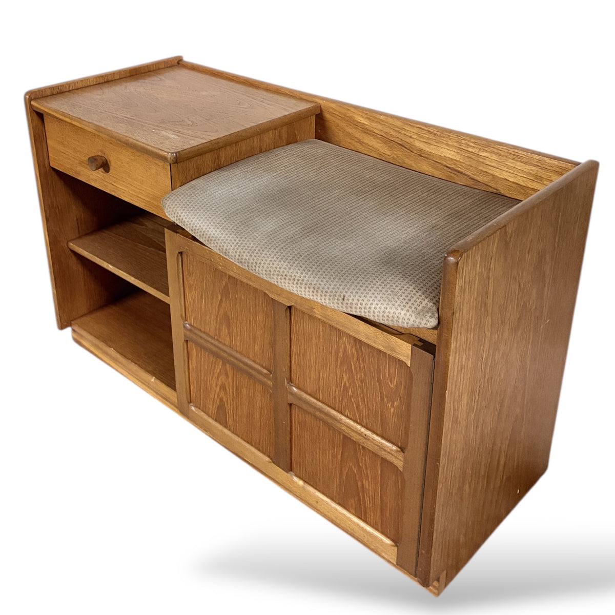 Teak Telephone Bench – Mid Century Vintage Hallway Seat With Storage Drawer