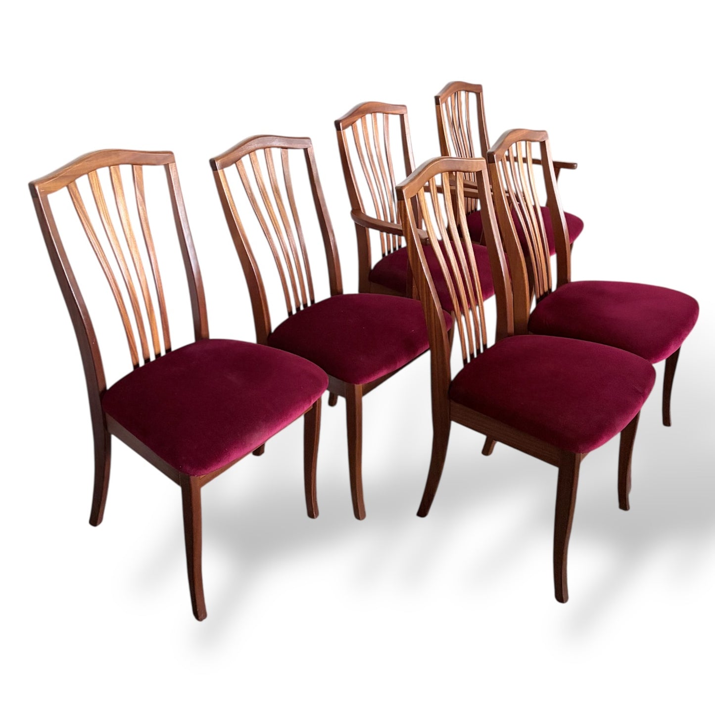 Set of 6 Vintage Teak Dining Chairs with Red Upholstery (2 Carvers + 4 Dining Chairs)