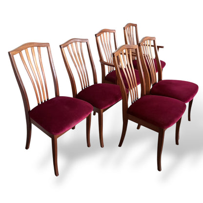 Set of 6 Vintage Teak Dining Chairs with Red Upholstery (2 Carvers + 4 Dining Chairs)