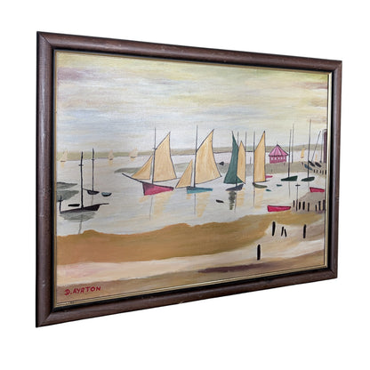 Vintage Coastal Harbour Painting by D. Ayrton – Framed Nautical Wall Art