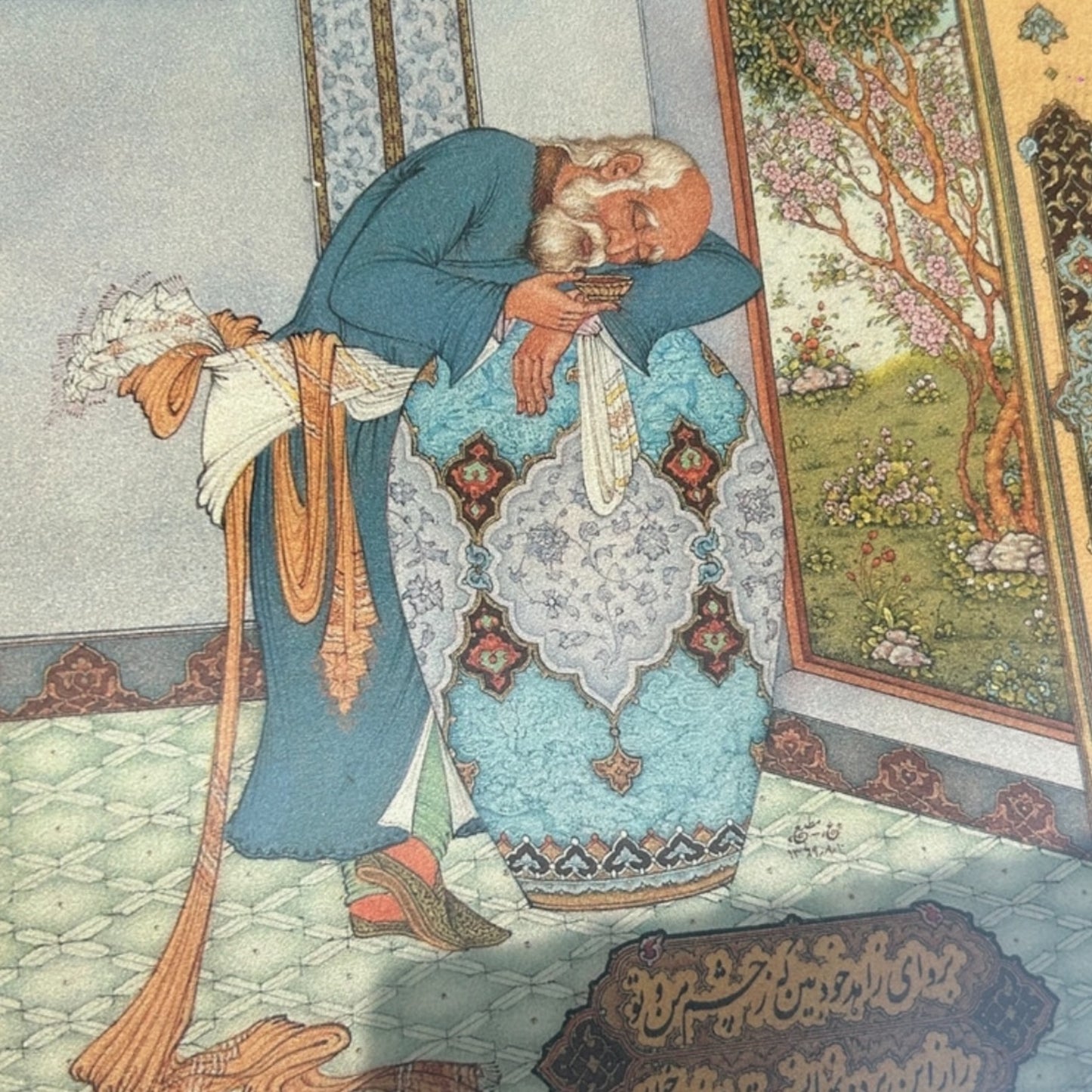 Framed Persian Miniature Art Print – Vintage Middle Eastern Illustration with Calligraphy