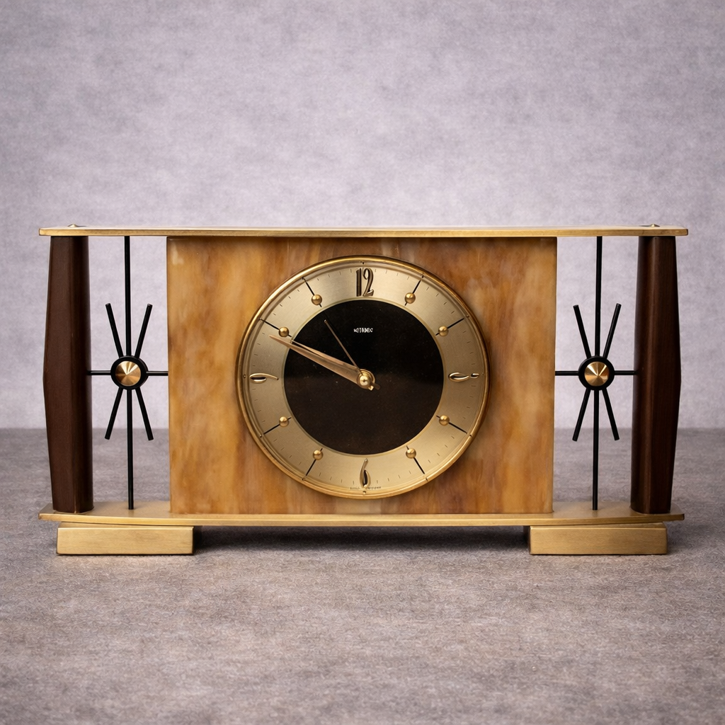Vintage Metamec Mantel Clock – Mid Century Atomic Style Brass & Wood Desk Clock