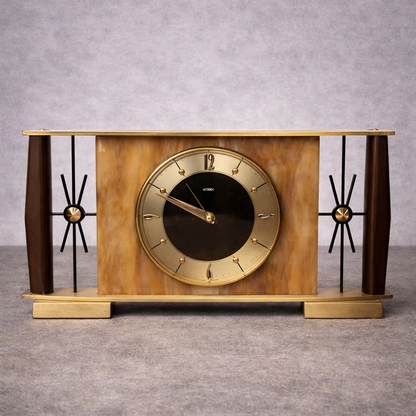 Vintage Metamec Mantel Clock – Mid Century Atomic Style Brass & Wood Desk Clock