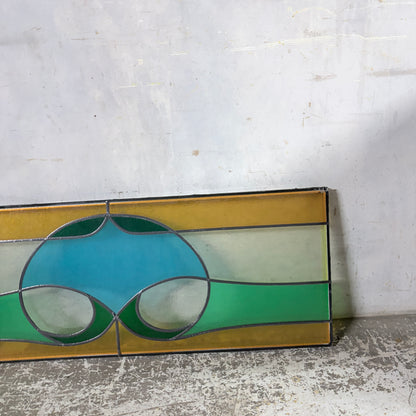 Vintage Stained Glass Window Panel – Geometric Leaded Glass in Green, Amber & Blue