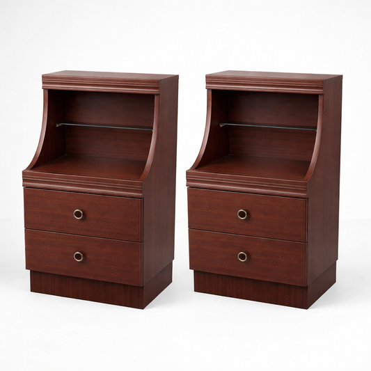 Pair of Vintage Mahogany & Formica Bedside Cabinets with Open Shelf