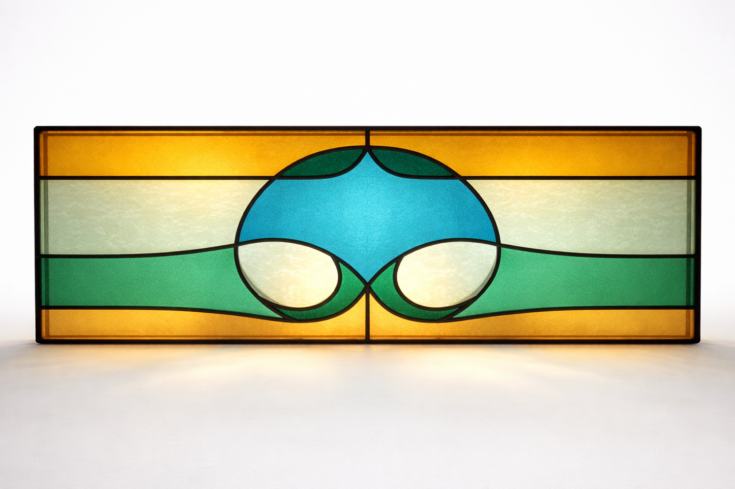 Vintage Stained Glass Window Panel – Geometric Leaded Glass in Green, Amber & Blue