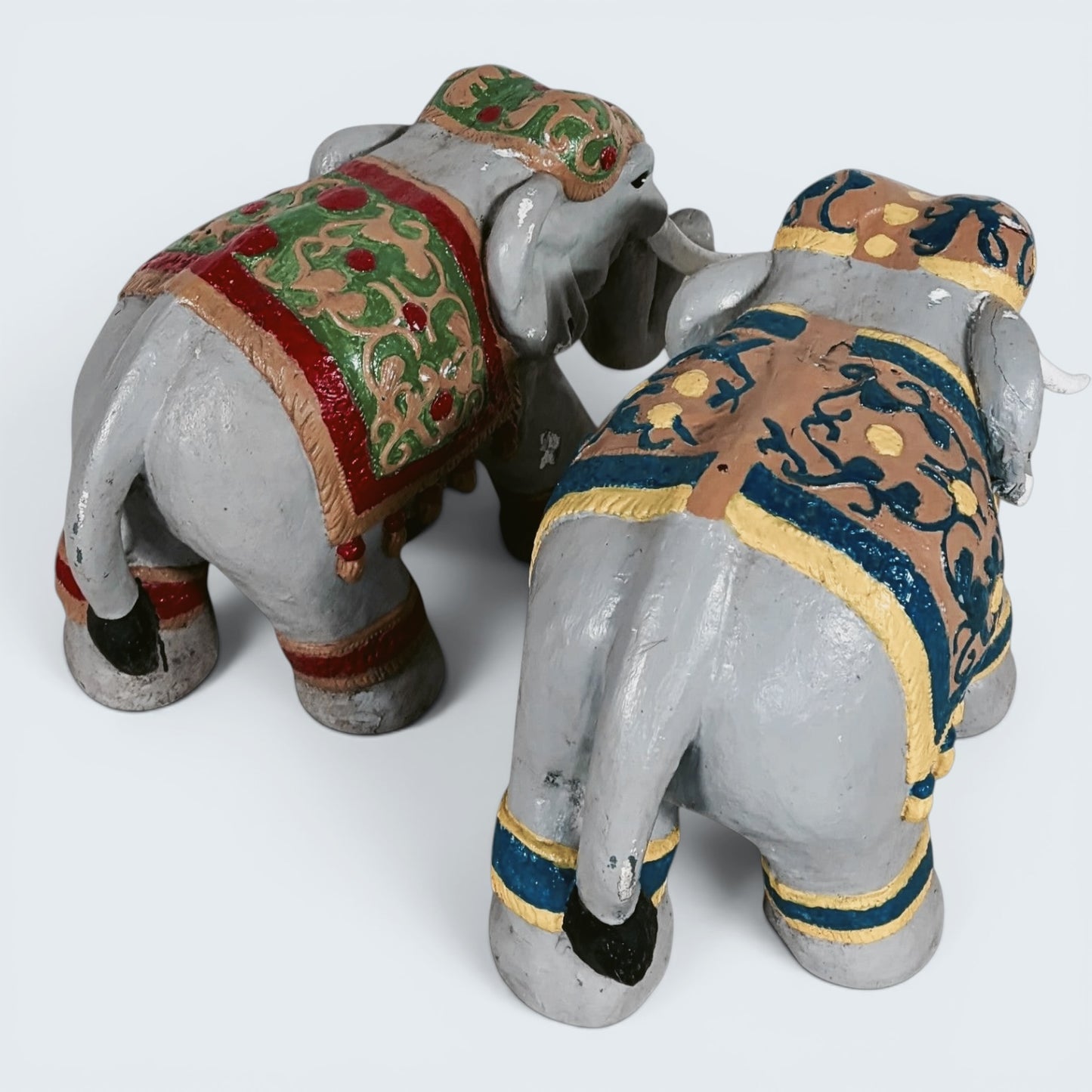 Pair of Hand Painted Indian Elephant Sculptures | Decorative Folk Art Figures