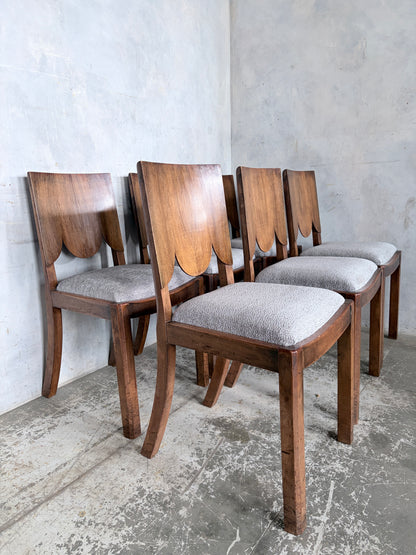Art Deco Walnut Dining Chairs – Set of Six Sculptural Vintage Dining Chairs