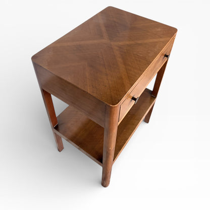 Art Deco Bedside Table – Walnut Nightstand with Drawer & Open Shelf, 1930s Design
