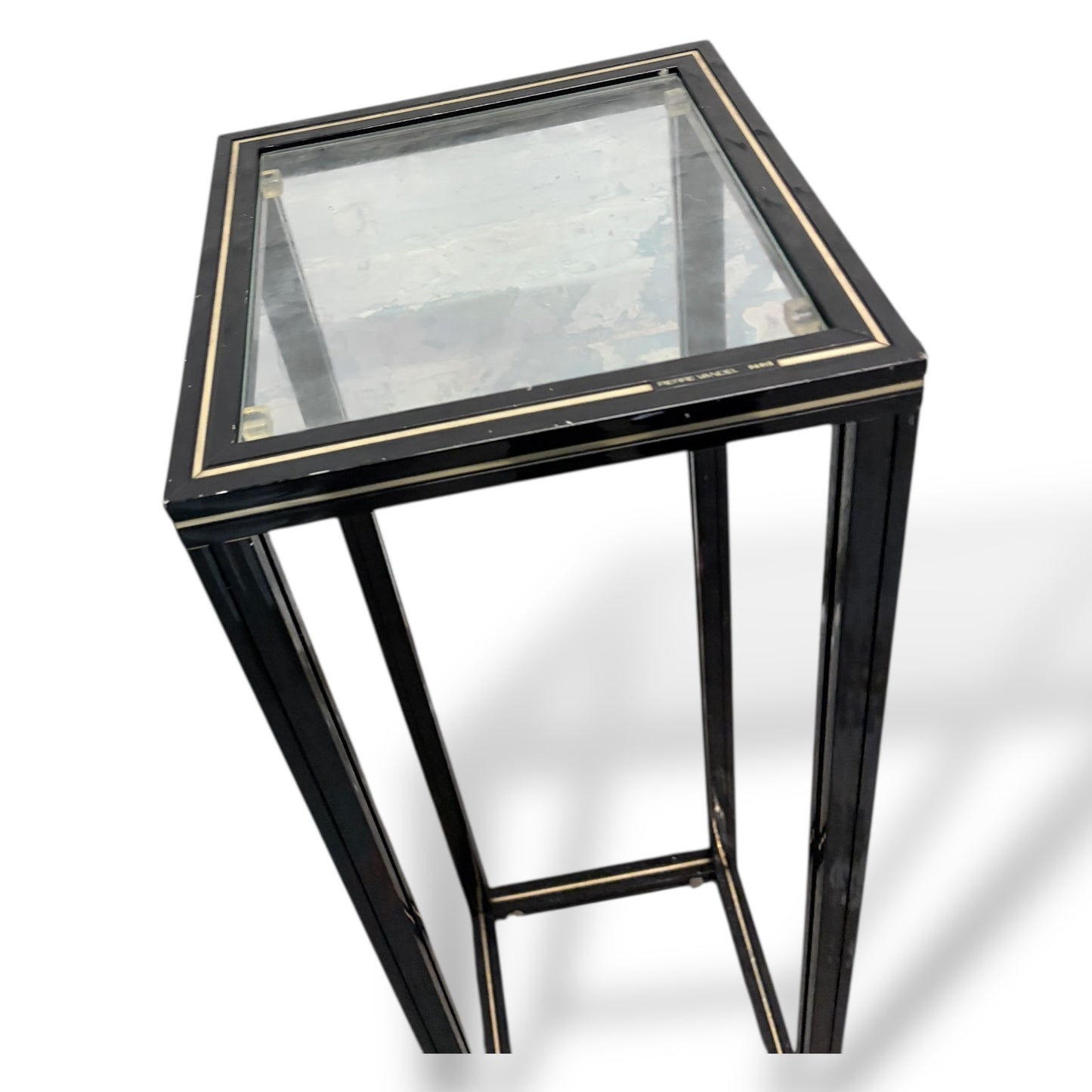 Vintage 1980s Pierre Vandel French Glass & Black Metal Plant Stand / Pedestal