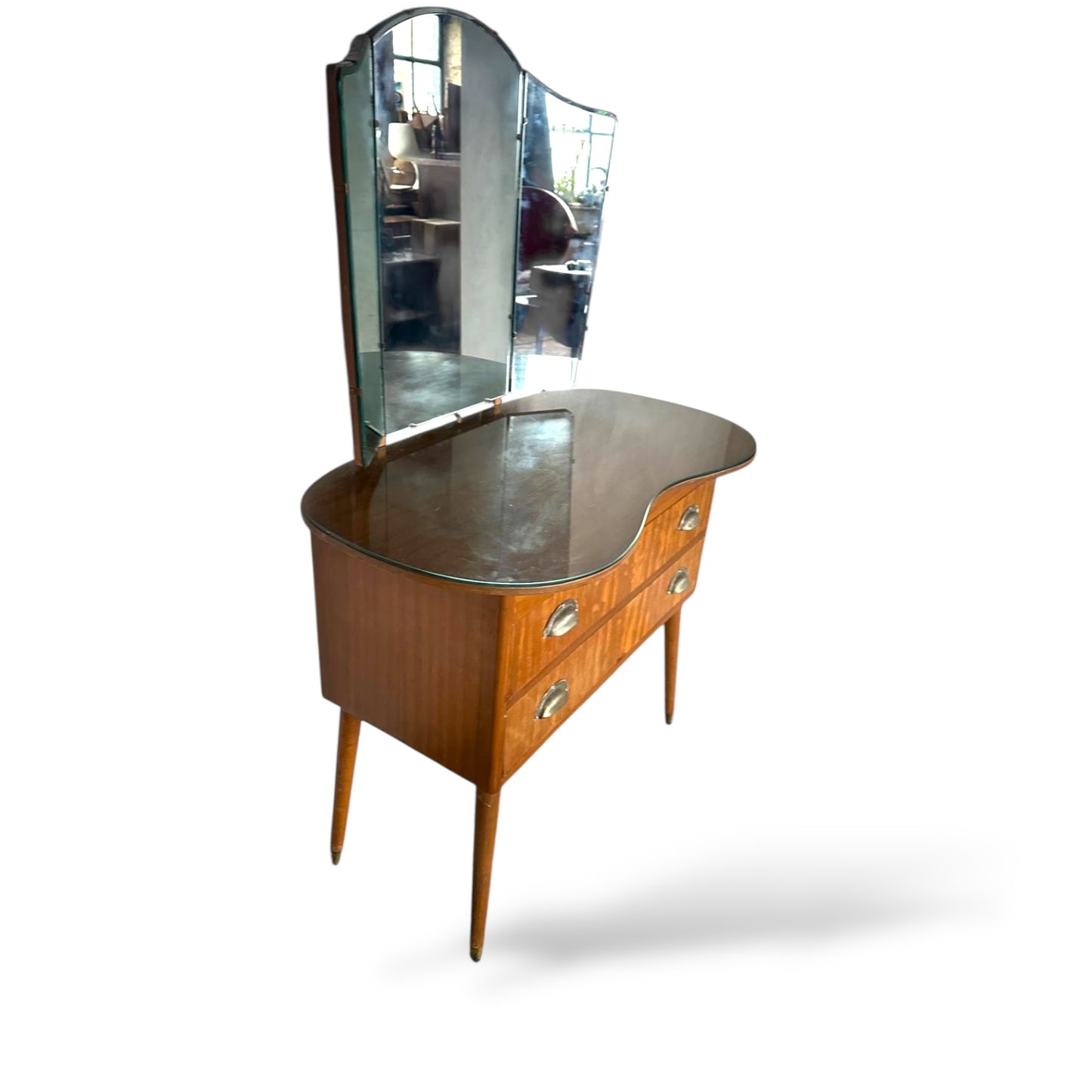 Vintage Walnut Dressing Table with Tri-Fold Mirror