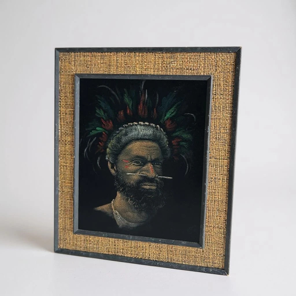 Vintage Ethnographic Portrait on Velvet – Signed Hessian Framed Artwork