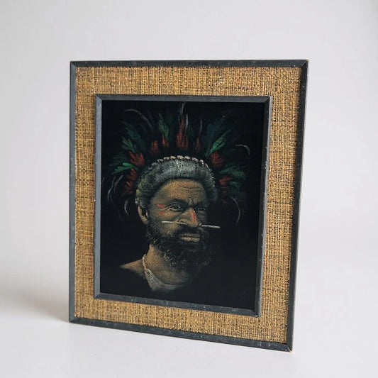 Vintage Ethnographic Portrait on Velvet – Signed Hessian Framed Artwork