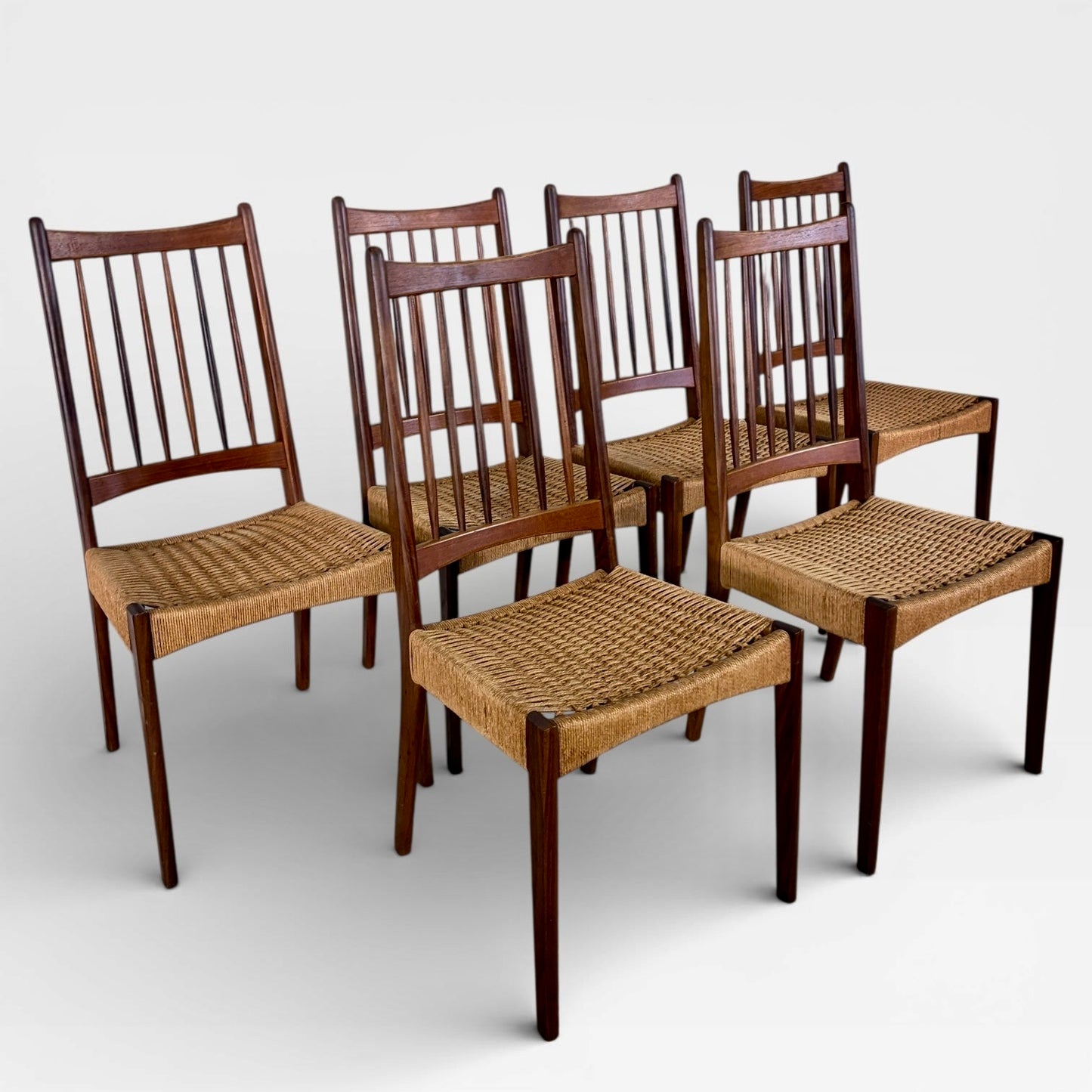 Arne Hovmand-Olsen MK200 Dining Chairs Set of 6 Danish Mid Century Teak & Paper Cord Chairs