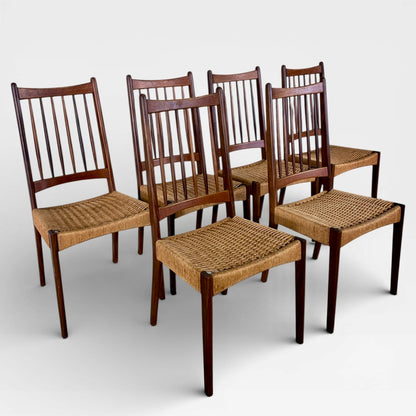 Arne Hovmand-Olsen MK200 Dining Chairs Set of 6 Danish Mid Century Teak & Paper Cord Chairs